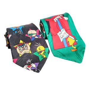 VINTAGE Looney Tunes Mania Christmas/ Characters 100% Silk Mens Ties Retro 90s